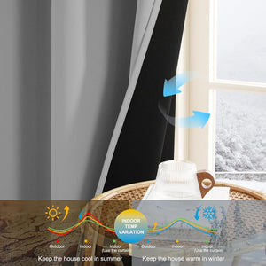 Light grey layered thermal blackout curtain by a snowy window, illustrating indoor temperature regulation.