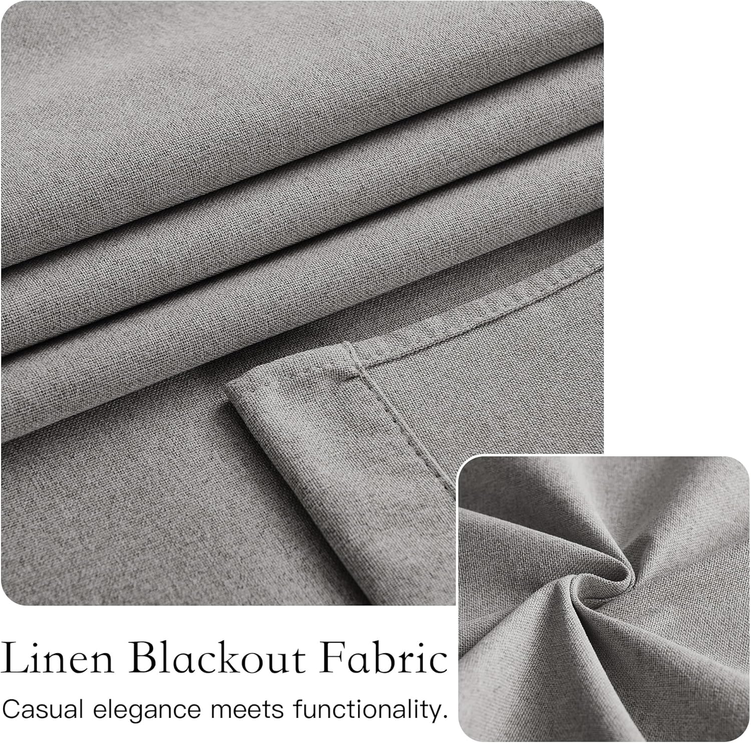 Close-up of folded grey linen blackout fabric, highlighting natural texture, weave, and a visible stitched edge.