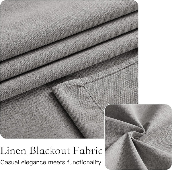 Close-up of folded grey linen blackout fabric, highlighting natural texture, weave, and a visible stitched edge.