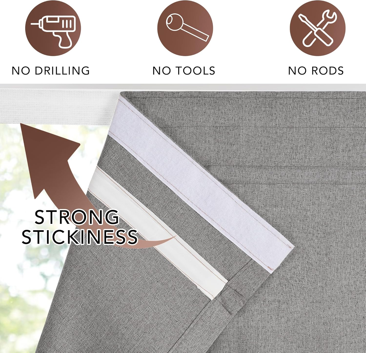 Grey linen textured window shade showing strong adhesive hook-and-loop fastener for no-drill installation.