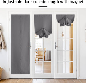 Grey magnetic door curtain displayed on white French doors in different adjustable lengths.