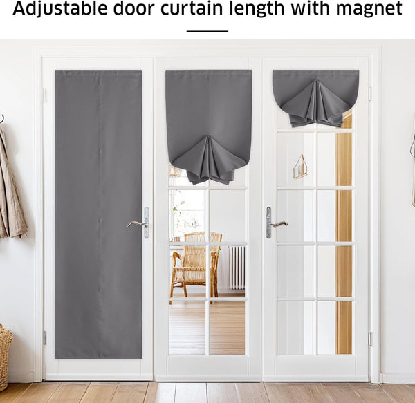 Grey magnetic door curtain displayed on white French doors in different adjustable lengths.
