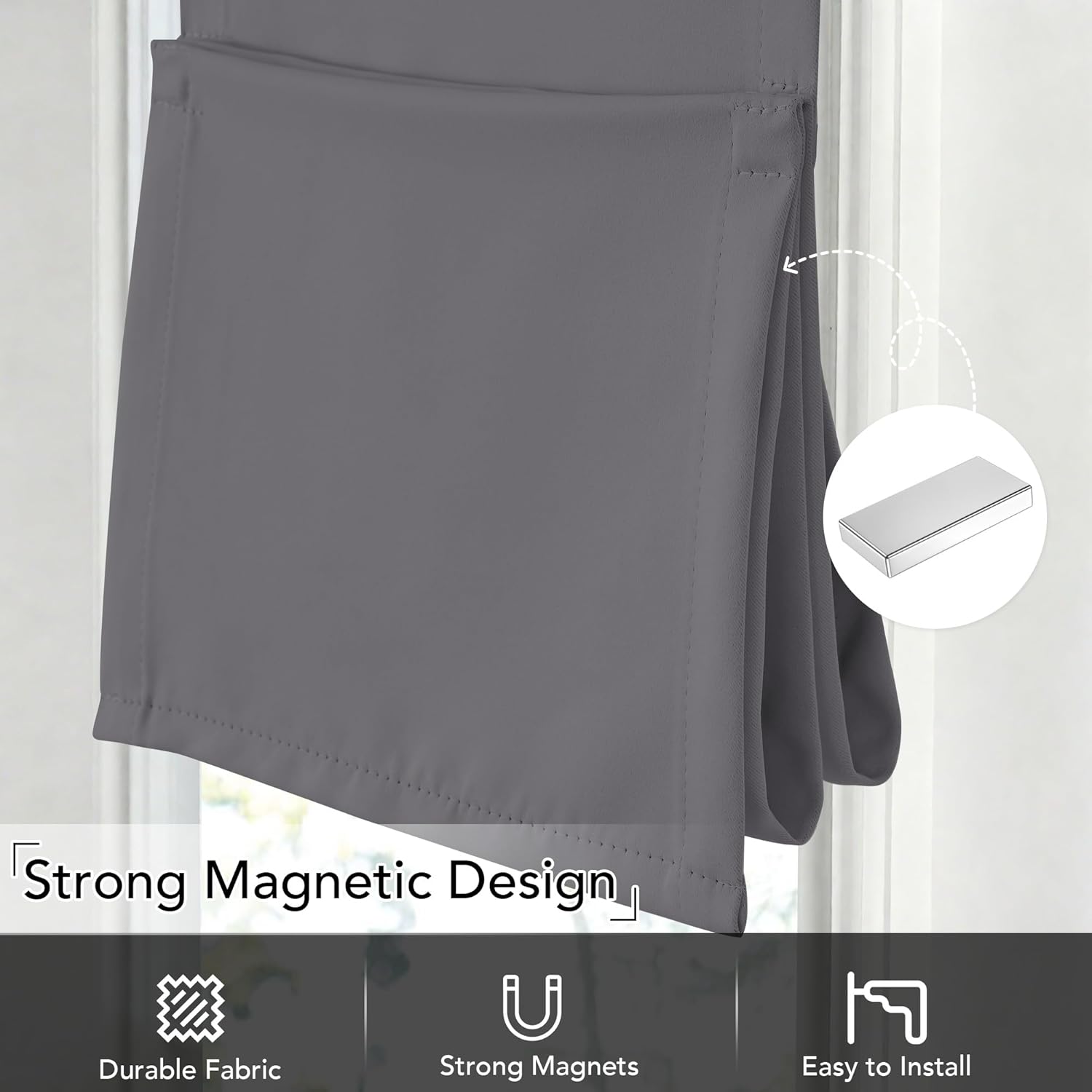 Dark grey magnetic blackout window shade made from durable fabric, with a detail of the strong rectangular magnet feature.