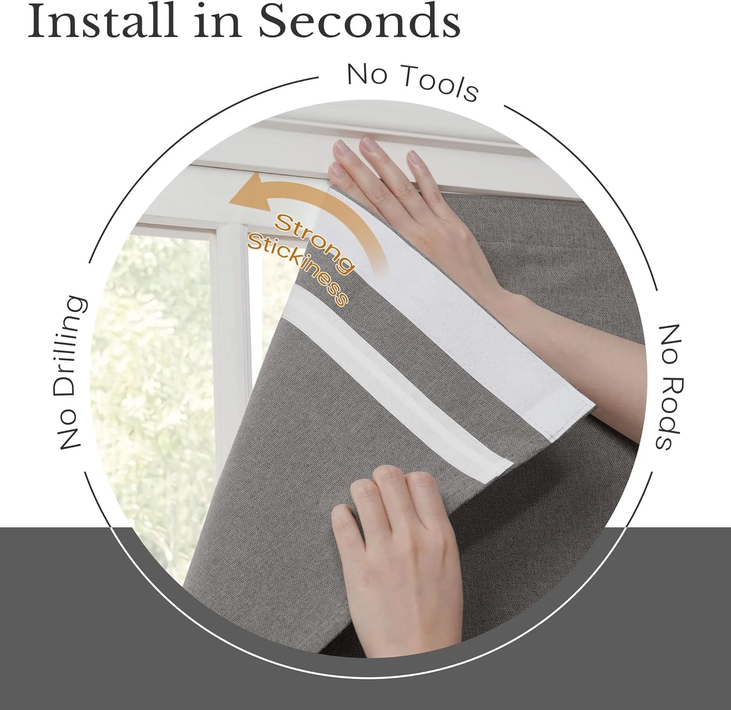 Hands installing a grey peel-and-stick blackout curtain onto a window frame, showing strong adhesive.