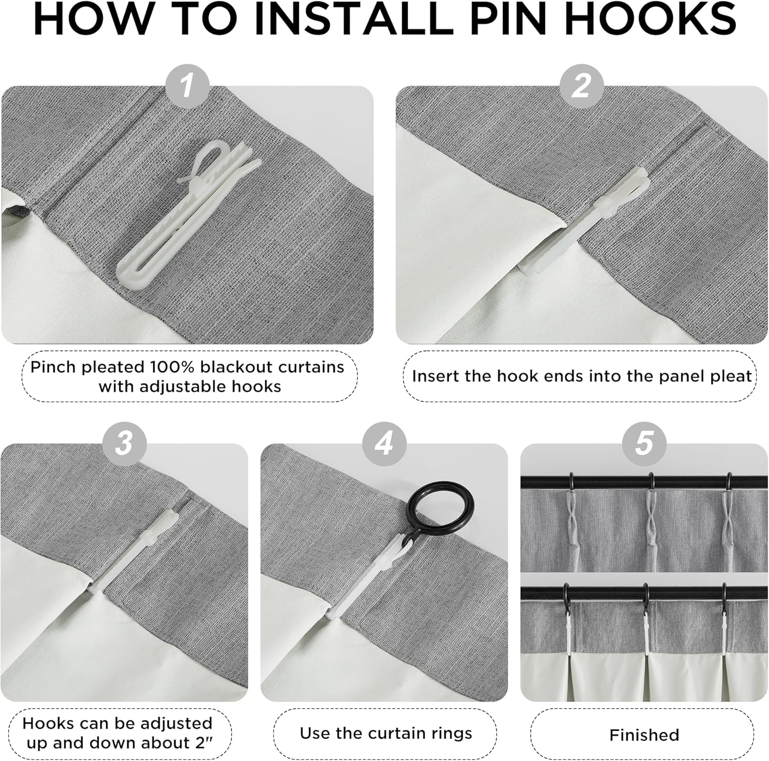 Guide to installing white pin hooks on grey pinch pleated blackout curtains with rings.