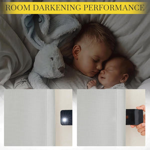 Grey room darkening fabric shown blocking light. Left side lets light through, right completely blocks it.