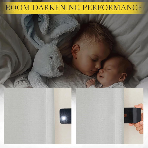 Grey room darkening fabric shown blocking light. Left side lets light through, right completely blocks it.