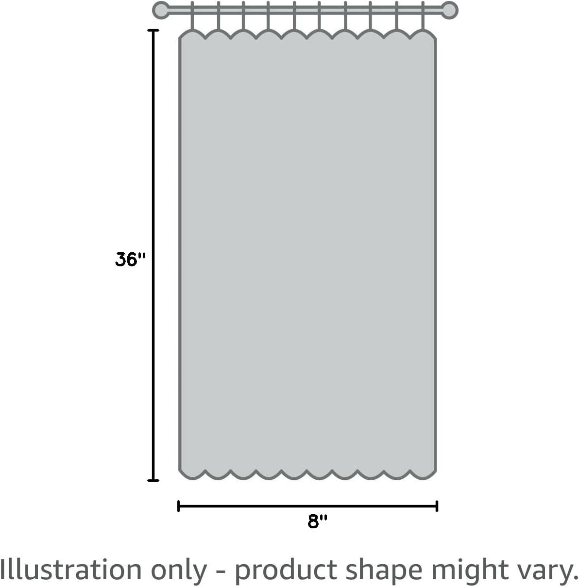 Grey curtain panel illustration with scalloped bottom and rod pocket top. Dimensions are 36" L x 8" W.