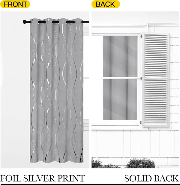 Grey room darkening curtain panel featuring wavy silver foil print and a grommet top. Solid back visible.