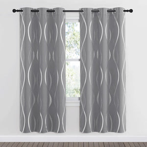 Pair of grey curtains with metallic silver wavy pattern and grommet tops.