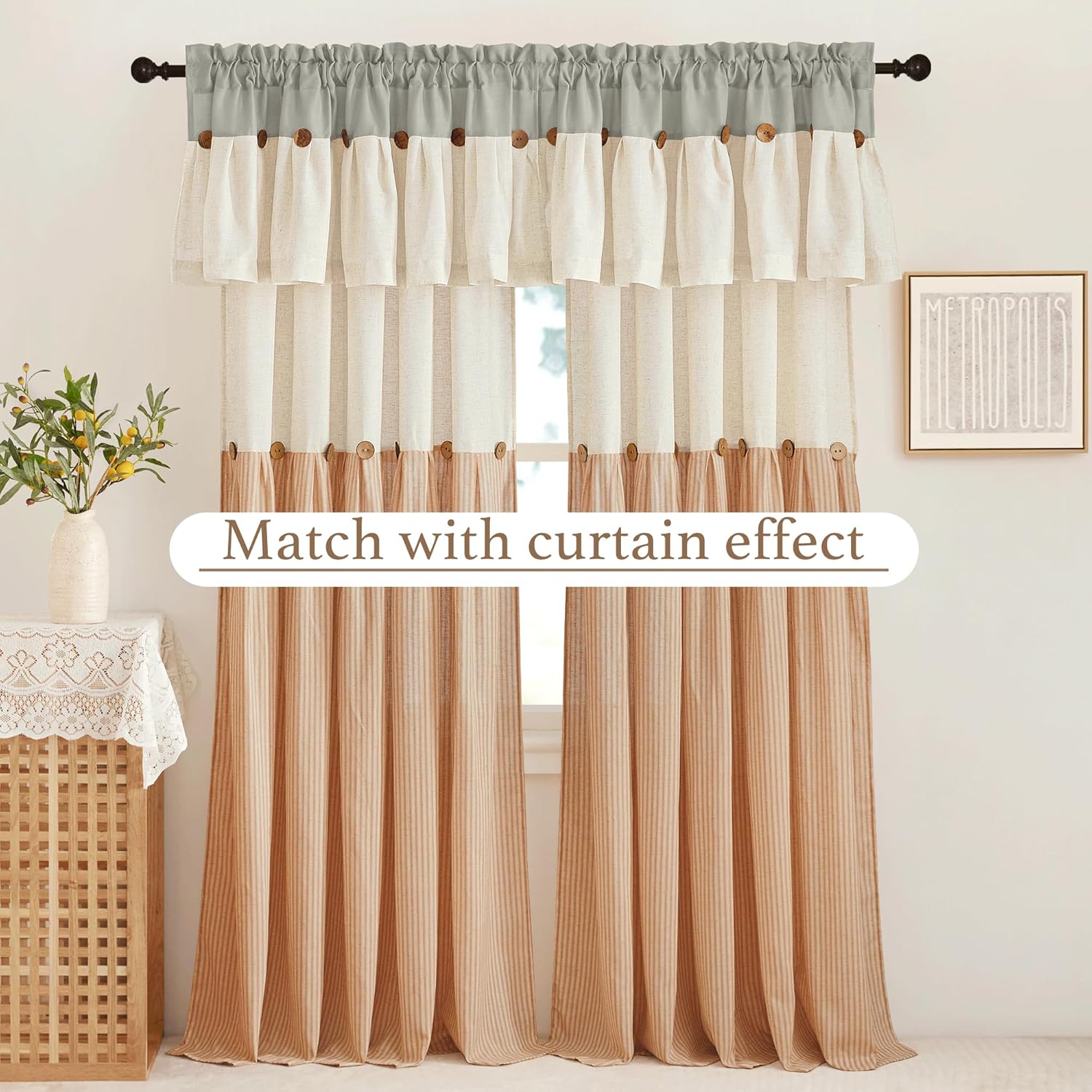 Two-tone grey, natural, and tan linen blend curtains with decorative wooden button tabs.