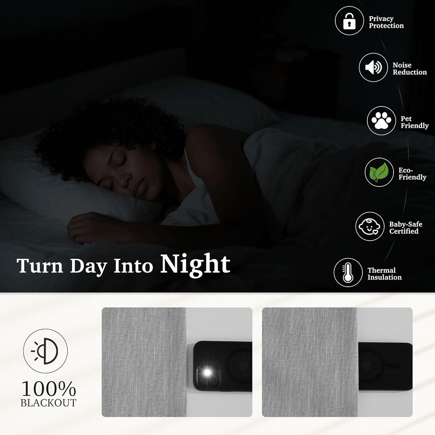 Grey textured 100% blackout curtains create darkness for sleeping. Offers privacy and thermal insulation.