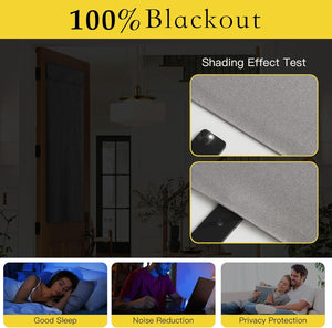 Grey textured blackout door panel applied to an interior door, demonstrating complete light blocking in a shading test.