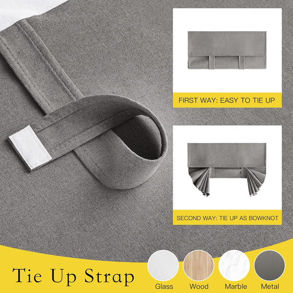 Grey textured fabric tie-up Roman shade demonstrating two adjustable styling options with its strap.