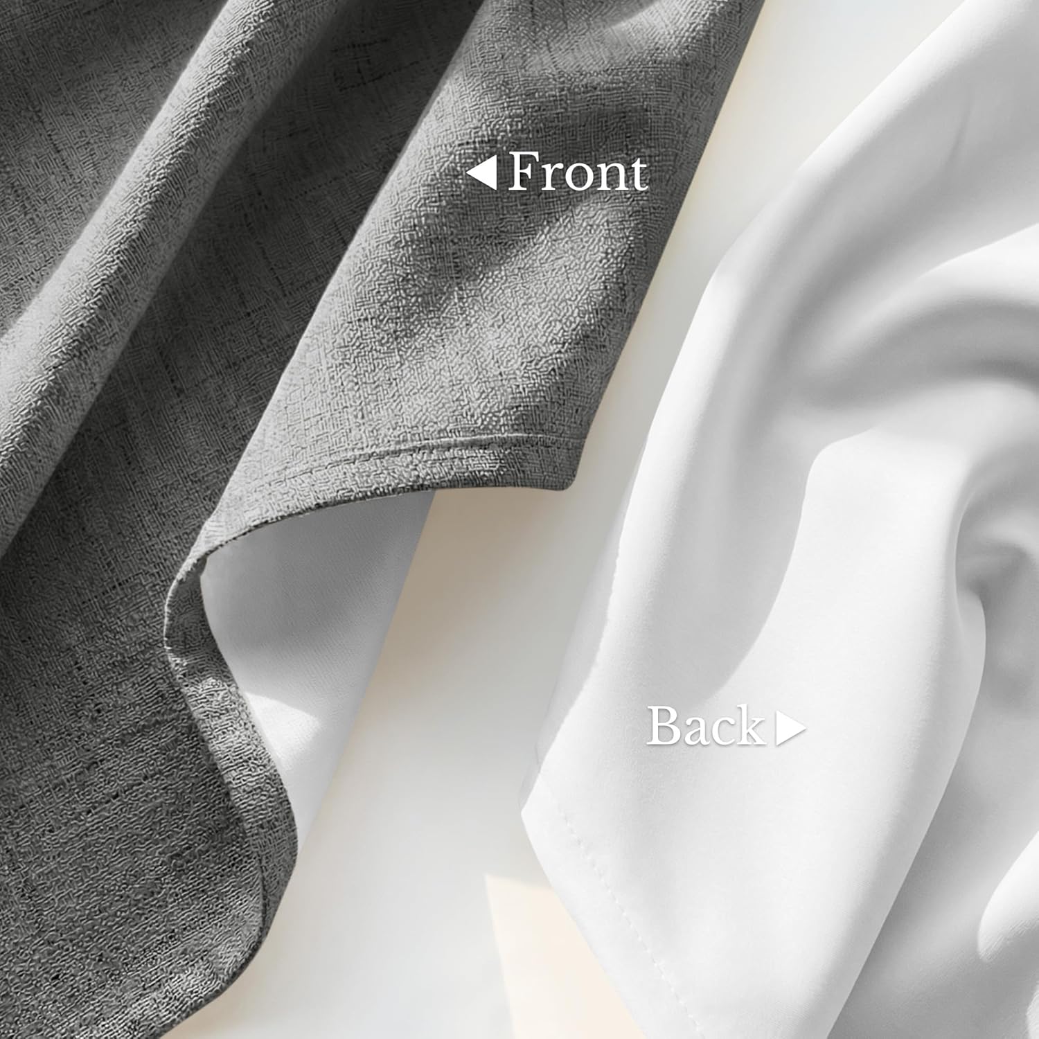 Grey textured curtain fabric front, showing its smooth white blackout lining on the back.