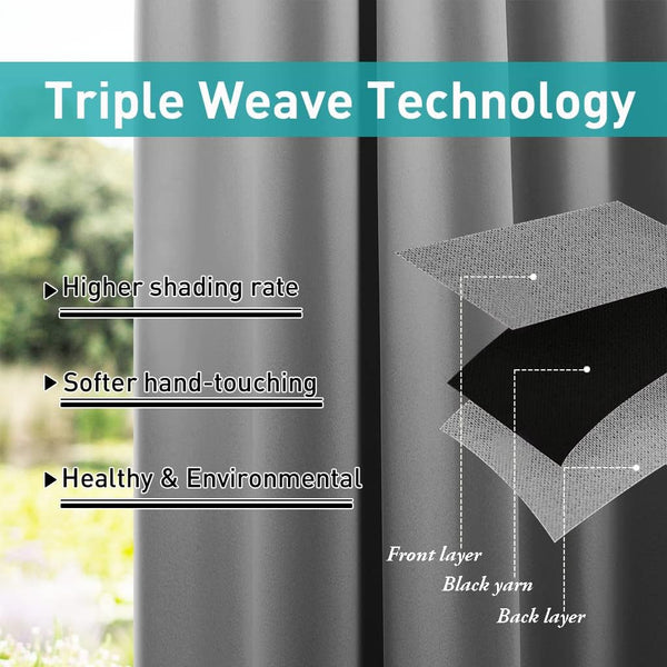 Grey blackout curtain showing triple weave layers for superior light blocking and a soft feel.