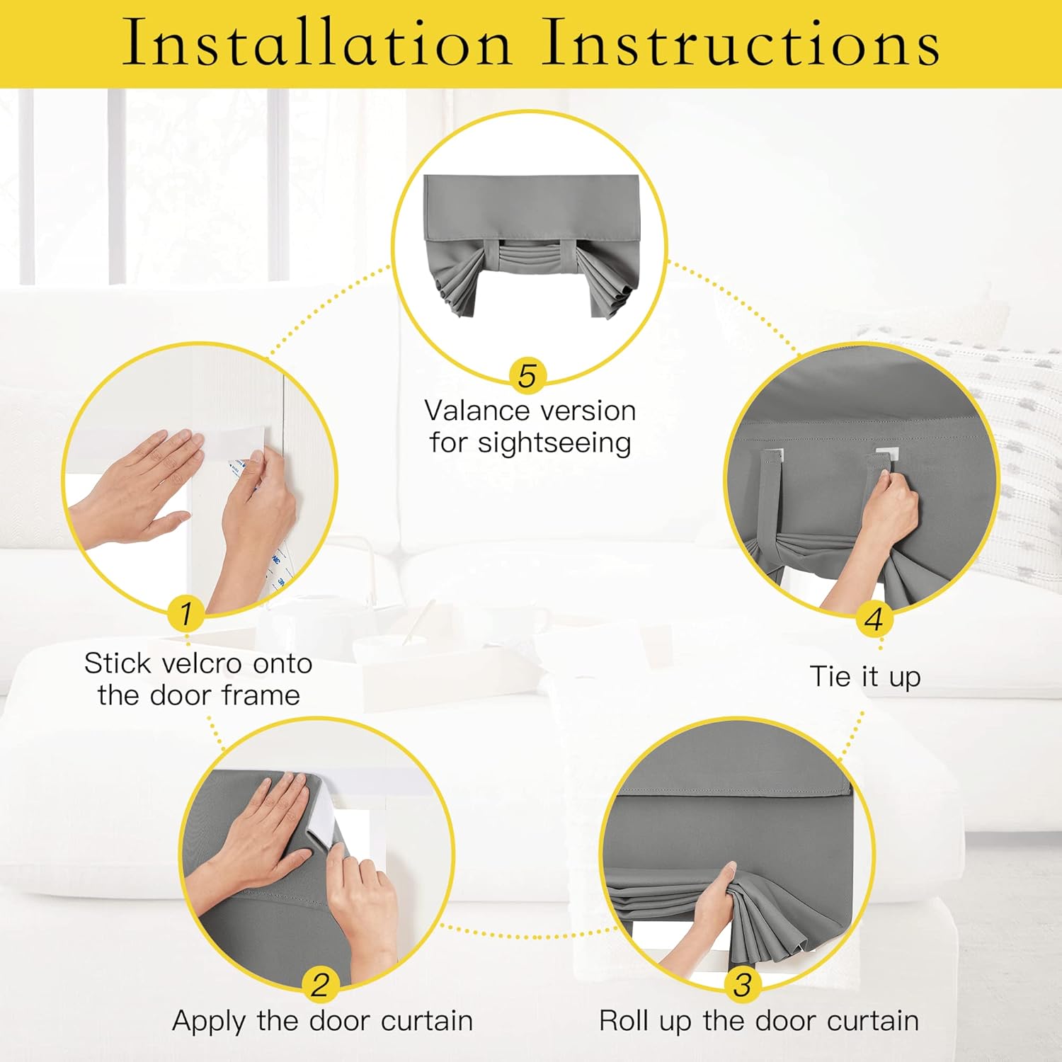 Installation guide for grey tie-up roman door curtain, demonstrating velcro attachment and roll-up.