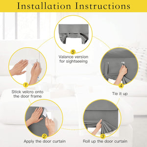 Installation guide for grey tie-up roman door curtain, demonstrating velcro attachment and roll-up.