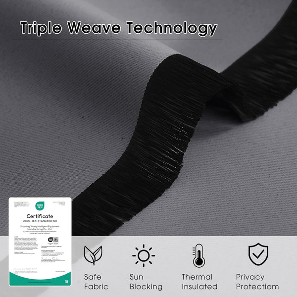 Grey triple weave blackout fabric close-up, showing dense structure for light and thermal insulation.