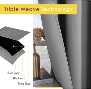 Grey triple weave blackout curtain. Diagram reveals layers, including black yarn for light blocking.