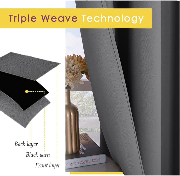 Grey triple weave blackout curtain fabric. Diagram details three layers with black yarn core.