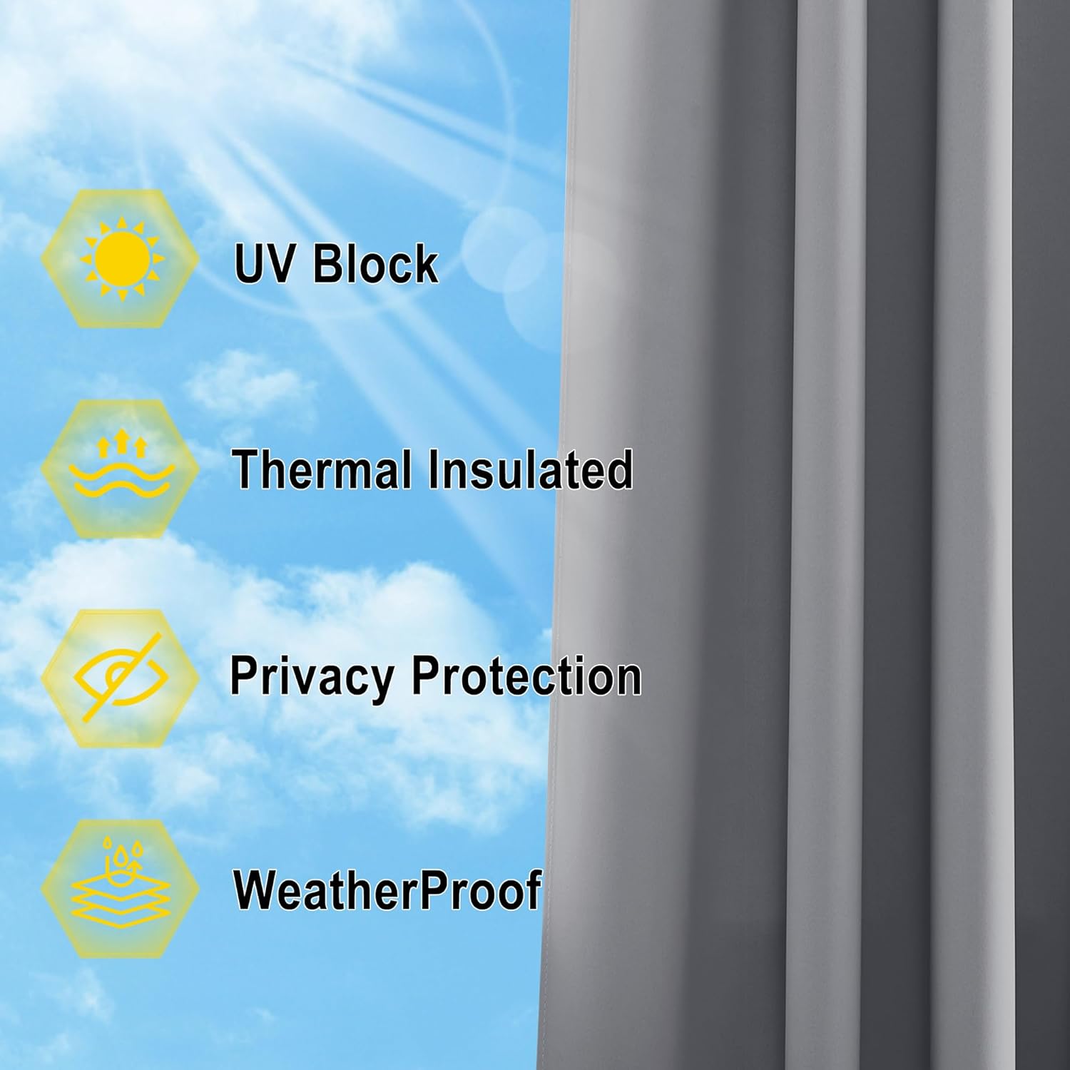 Grey curtain demonstrating UV block, thermal insulation, privacy protection, and weatherproof features against a blue sky.