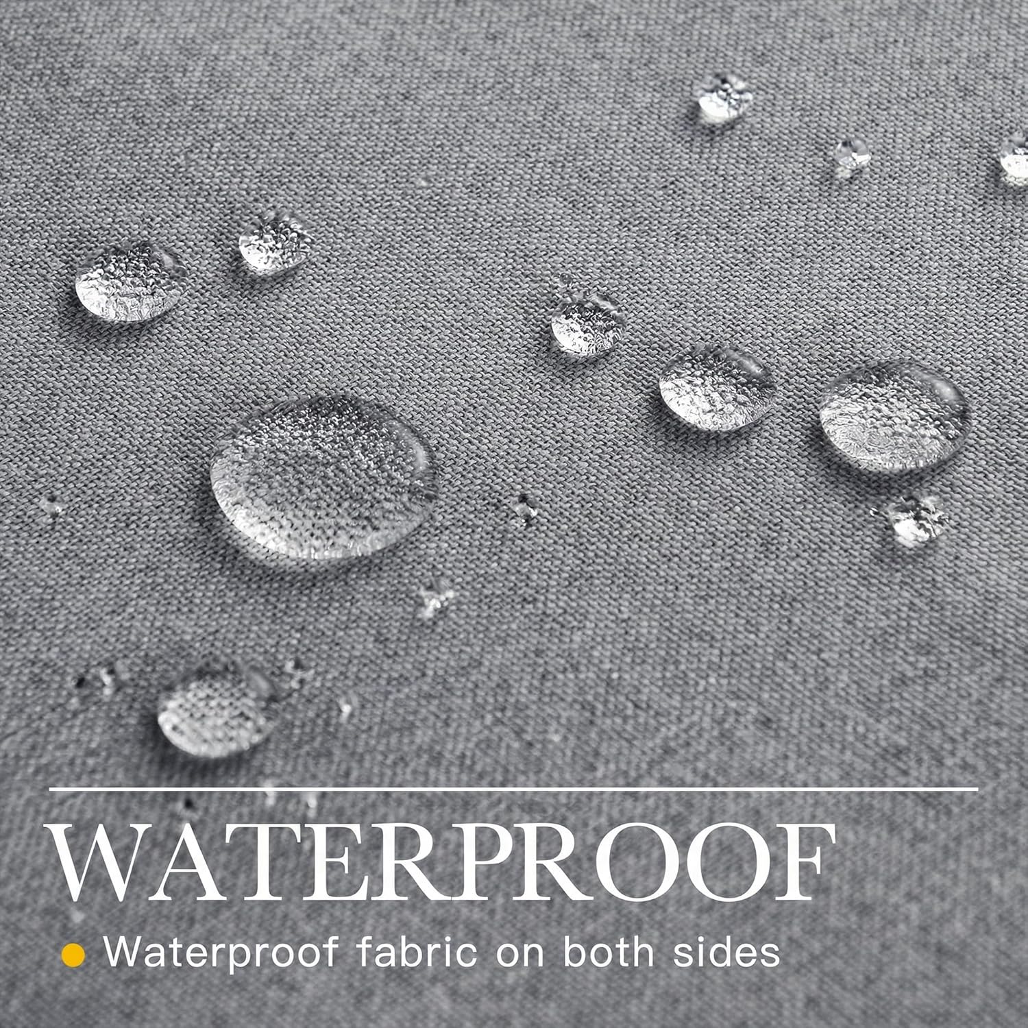 Close-up of grey woven fabric with water droplets clearly beading on the surface, showcasing its waterproof properties.