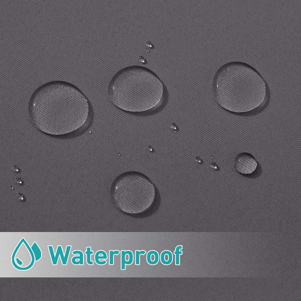 Close-up of dark grey fabric with clear water droplets beading, showing waterproof quality.