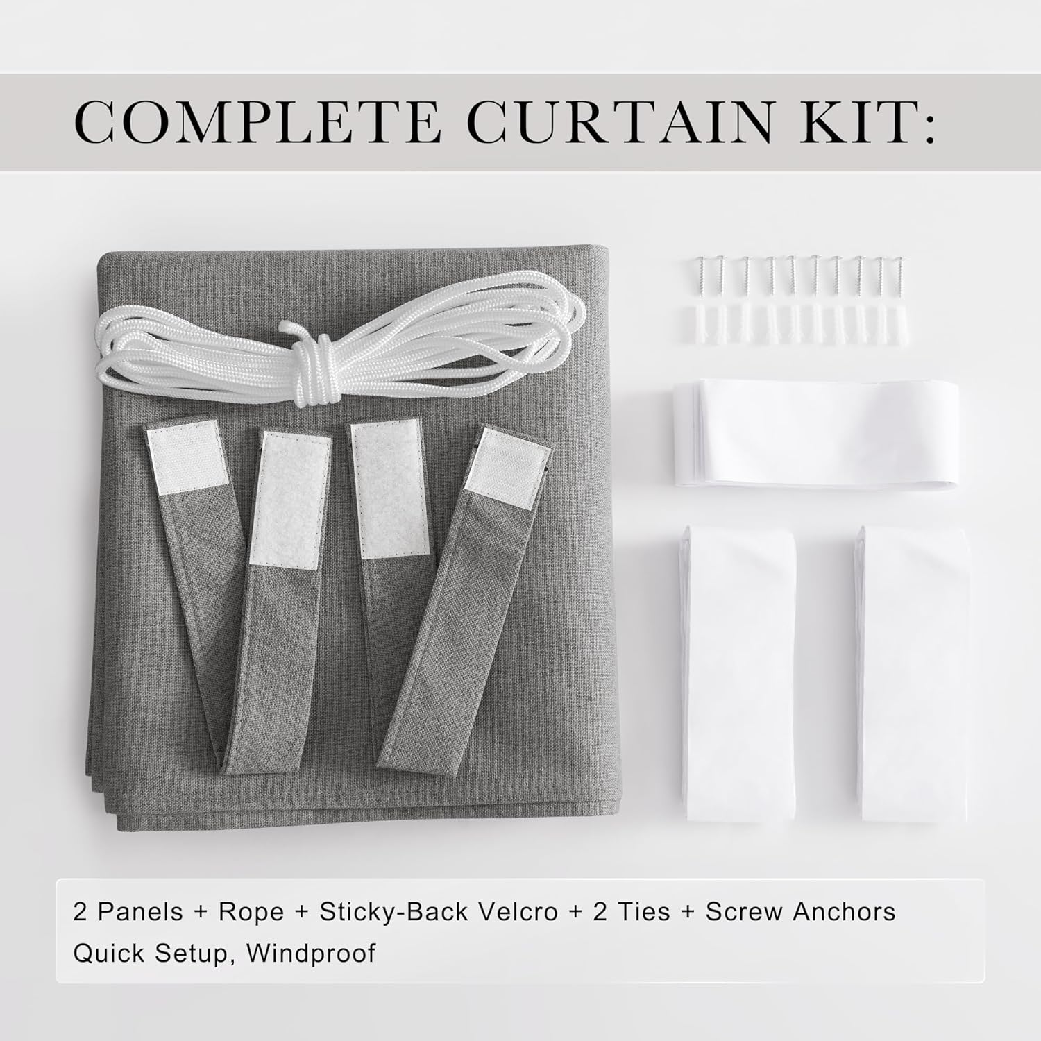 Grey curtain kit showing two fabric panels, white rope, sticky velcro, two ties, and screw anchors.