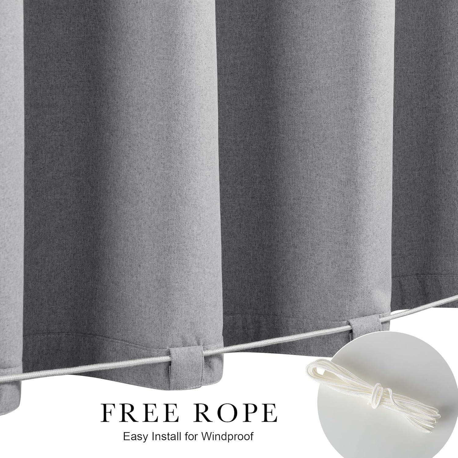Grey woven curtain panels with white rope securing their bottom. Coiled rope accessory shown.
