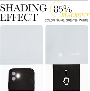 Greyish white textured fabric demonstrates 85% blackout shading effect against a bright flashlight.