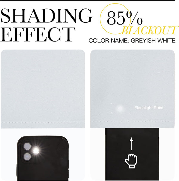 Greyish white textured fabric demonstrates 85% blackout shading effect against a bright flashlight.