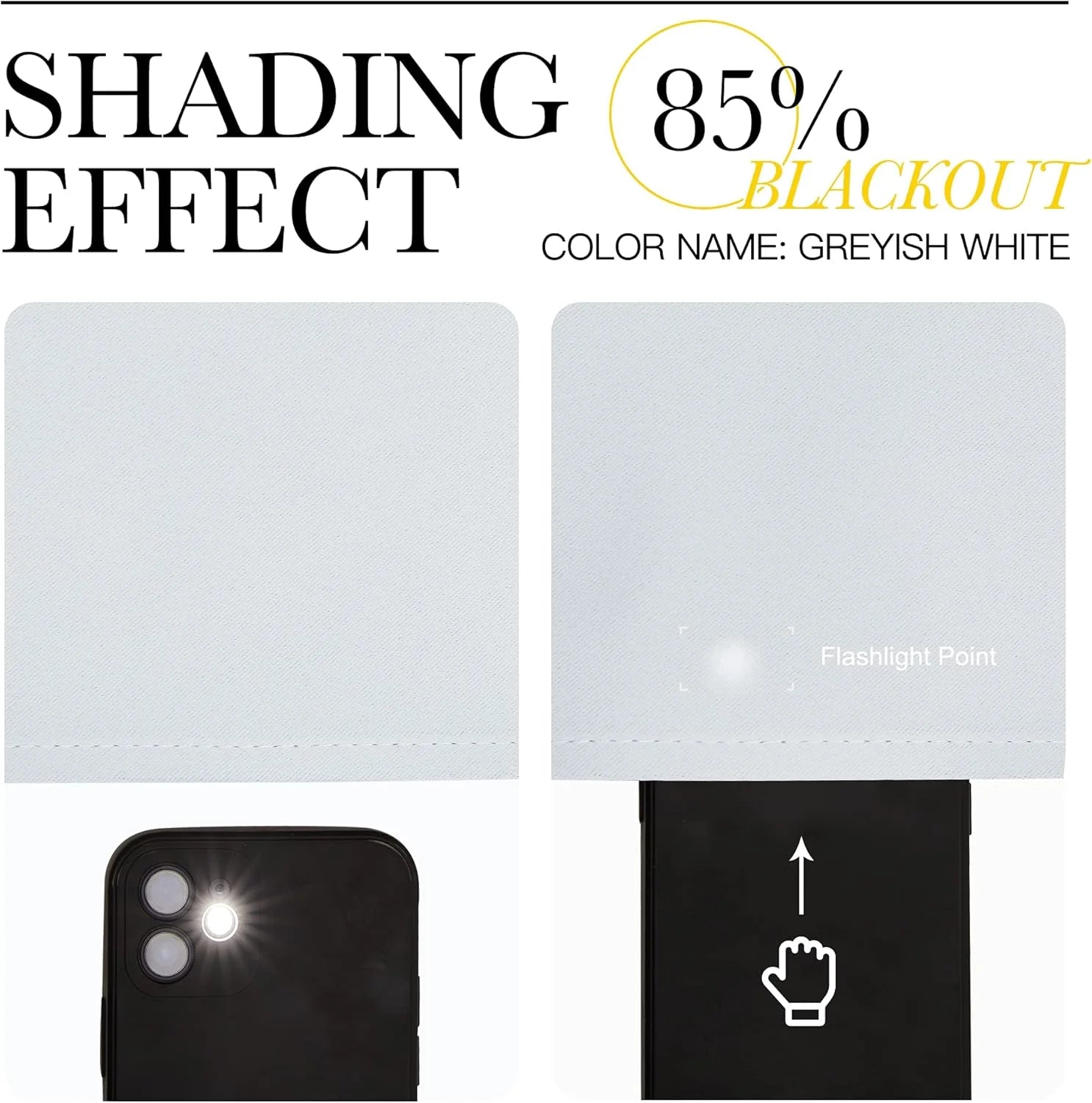 Greyish white blackout curtain fabric sample showing 85% shading effect with flashlight test