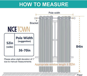 Infographic on how to measure for grommet top curtains, showing pole width, 52in width, 84in length.