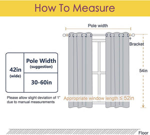Diagram illustrating how to measure curtains. Shows pole width, window length, and suggested dimensions.