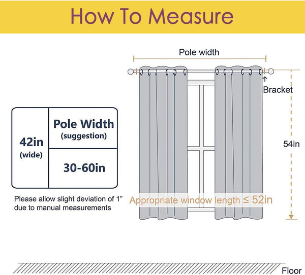 Diagram illustrating how to measure curtains. Shows pole width, window length, and suggested dimensions.