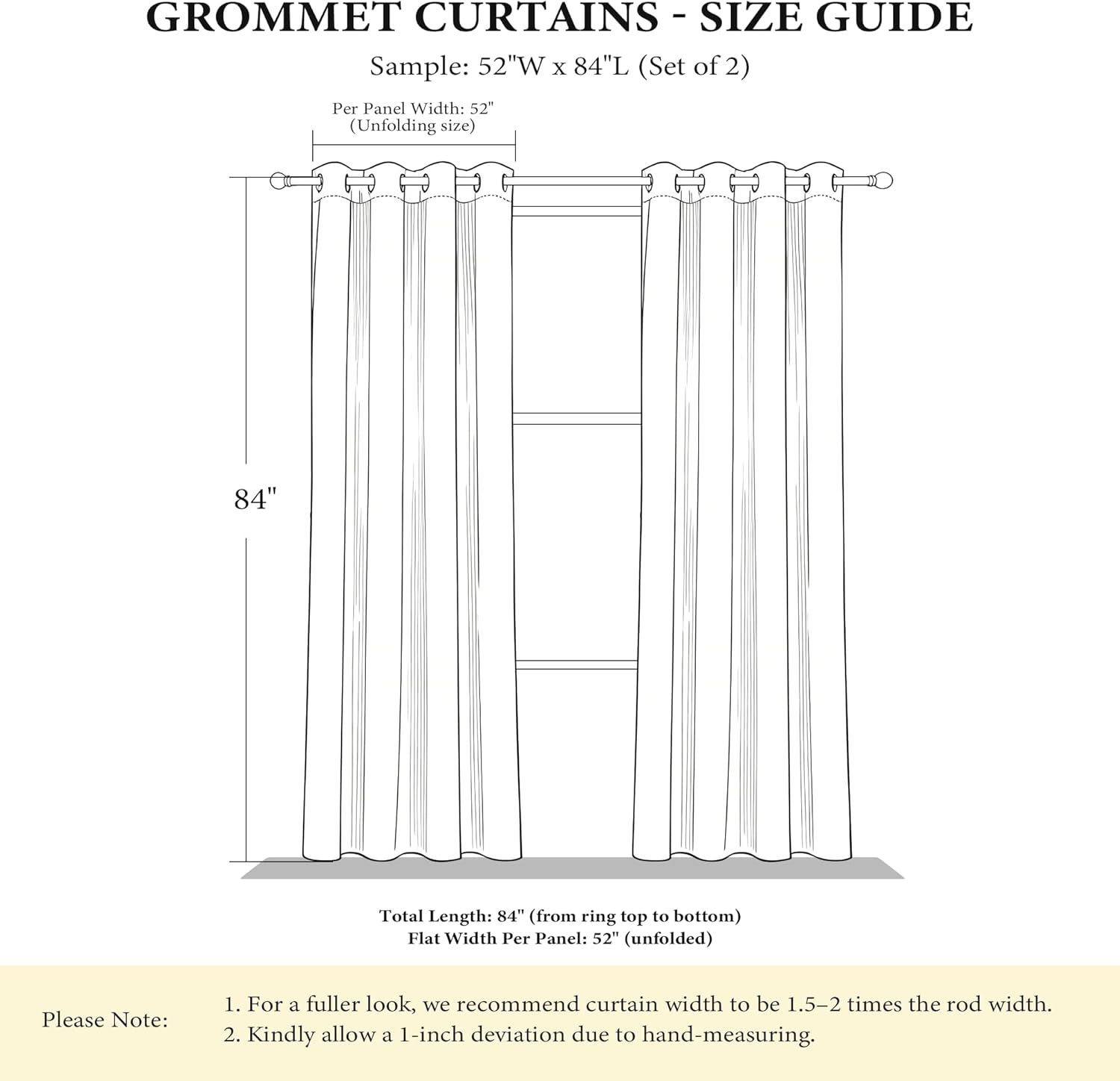Line drawing of two grommet curtain panels illustrating a size guide. Shows 84-inch length and 52-inch panel width.