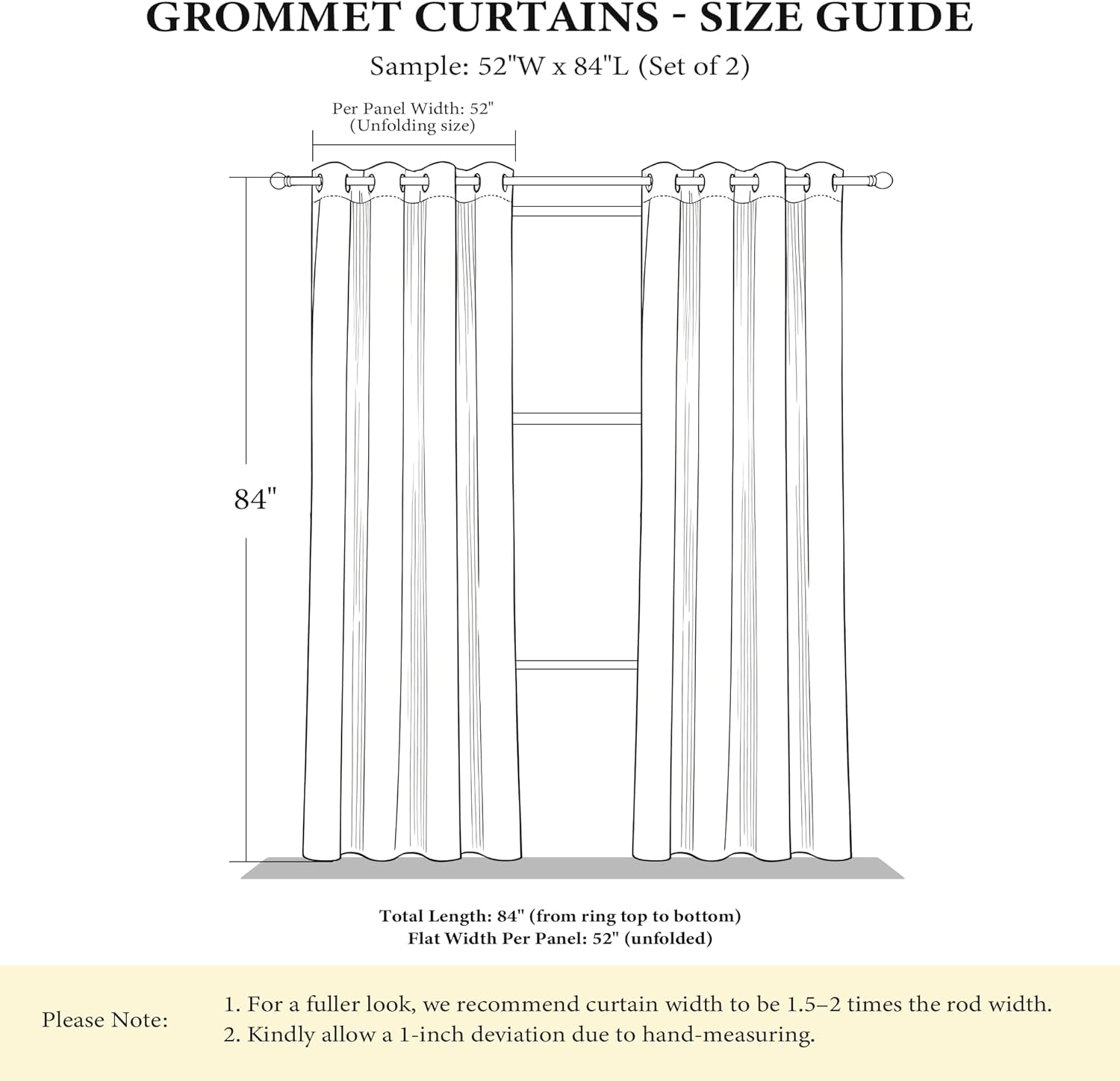 Detailed line drawing of two grommet curtain panels with 52-inch width and 84-inch length size guide.