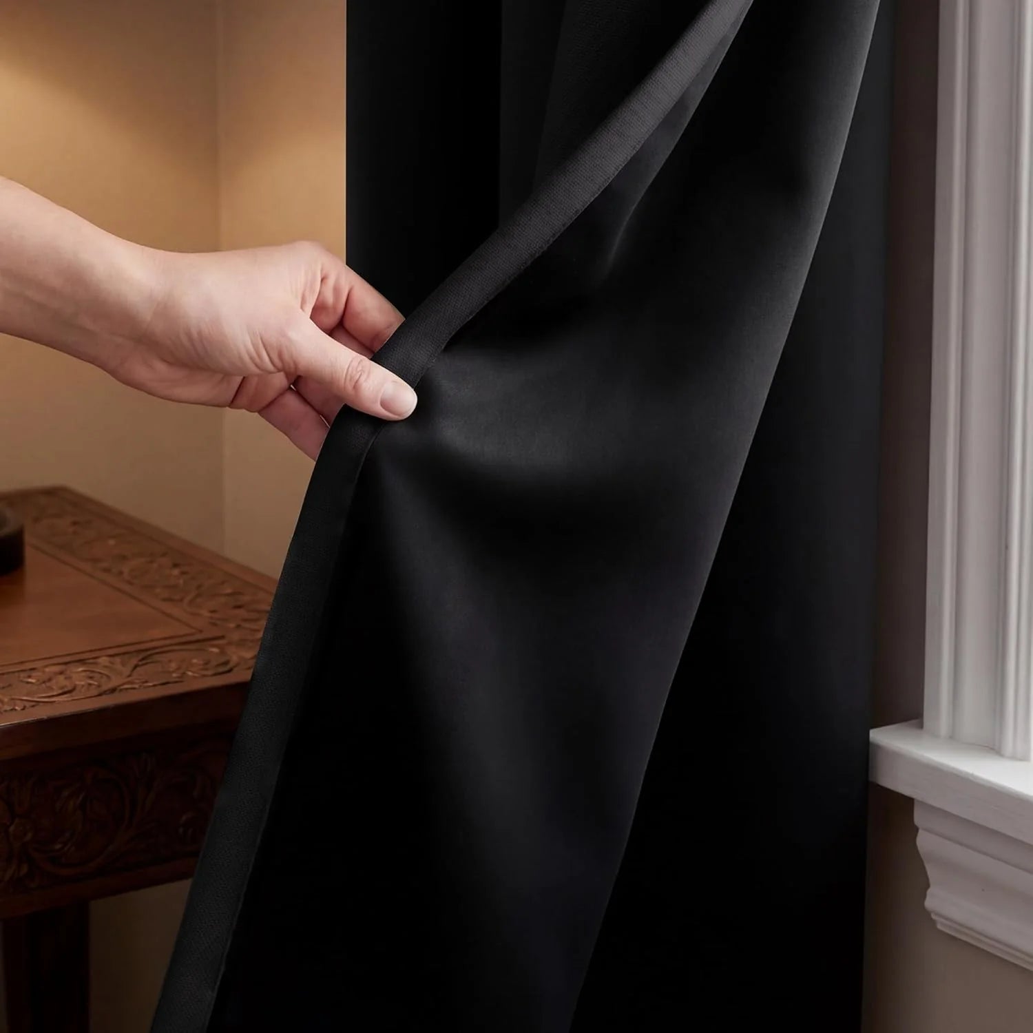 A hand pulls back a black blackout curtain panel, revealing its dense texture next to a white window frame.