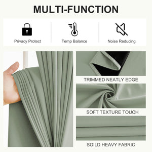 Heavy sage green blackout curtain with soft texture and neatly trimmed edges.