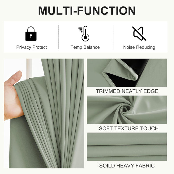 Heavy sage green blackout curtain with soft texture and neatly trimmed edges.