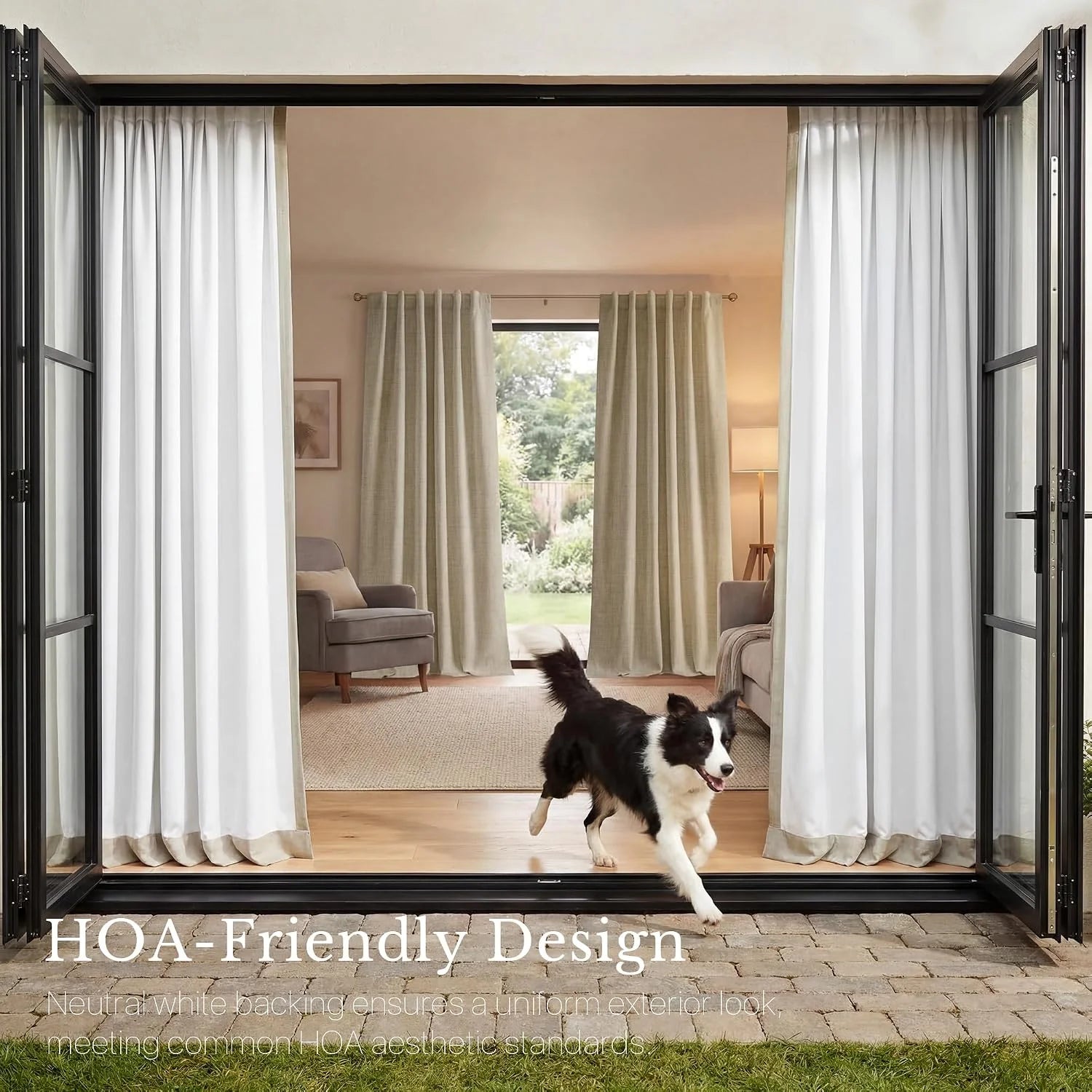 White-backed curtains on black bifold patio doors, a dog running from the patio.
