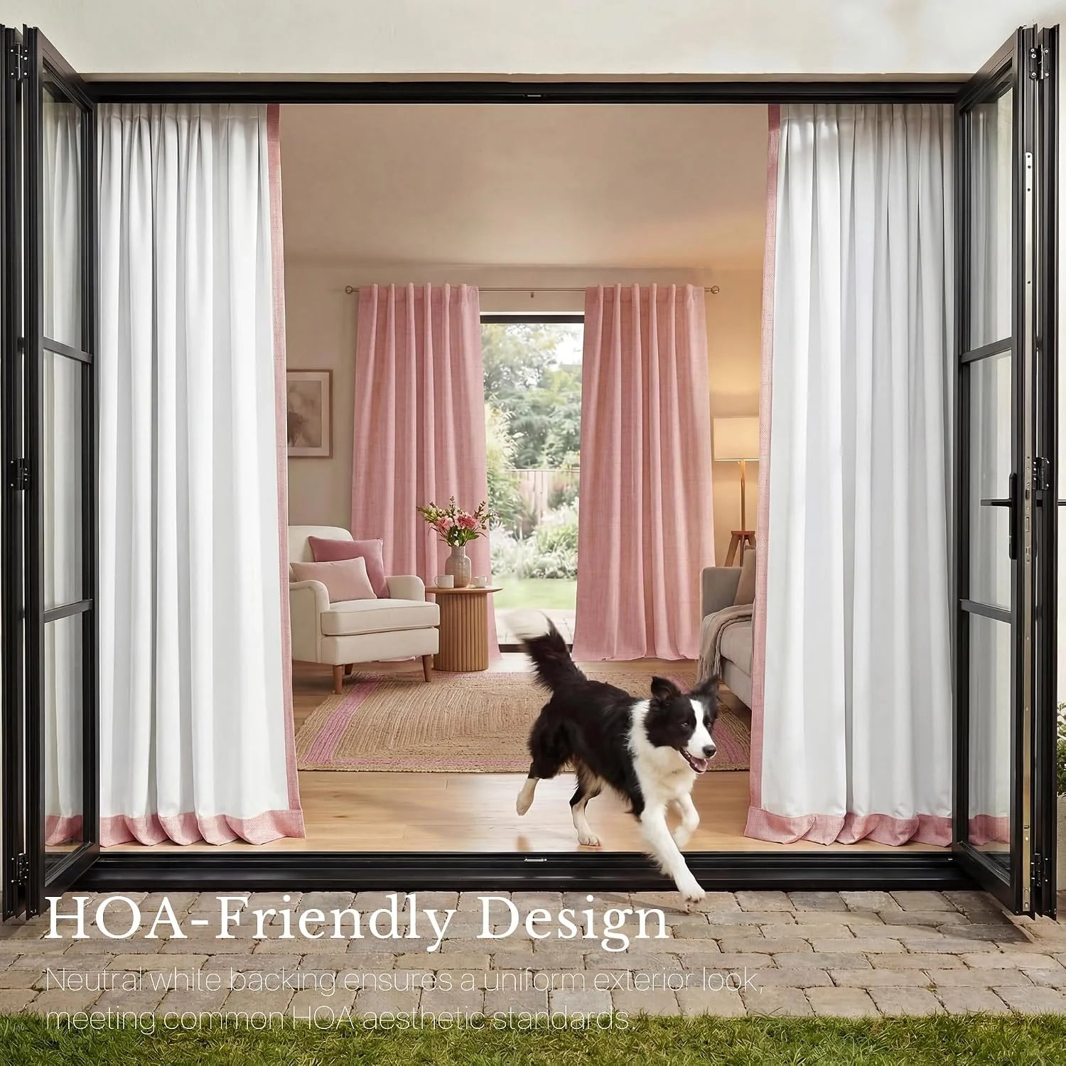 HOA-friendly white and pink curtains on bifold doors, with a dog running into a living room.