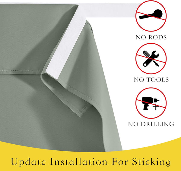 Sage green fabric panel with white hook-and-loop fastener top, showing easy no-rod, no-tool, no-drilling installation.