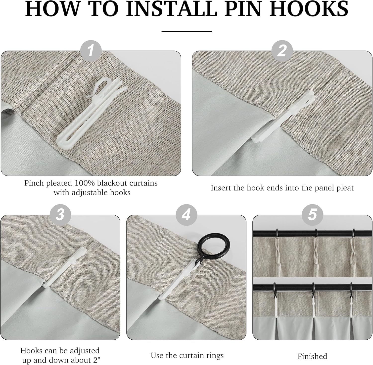 Step-by-step visual of installing adjustable white pin hooks into beige textured blackout curtain panels.
