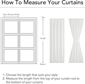 Diagram illustrating how to measure curtains for door or window width and length, with examples of straight and tied-back curtains.