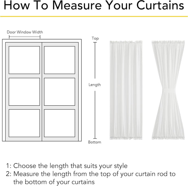 Diagram illustrating how to measure curtains for door or window width and length, with examples of straight and tied-back curtains.