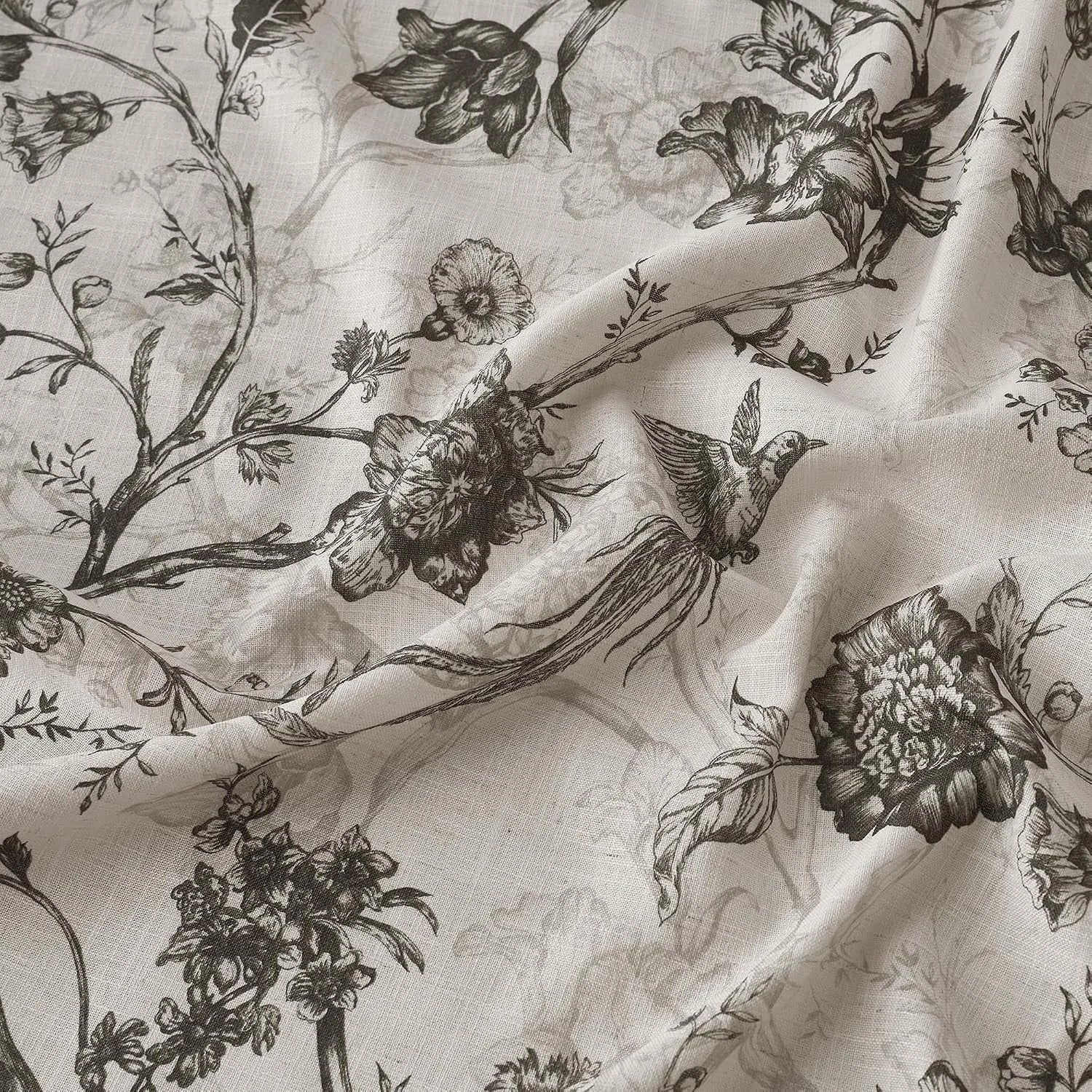 Ivory linen fabric with charcoal floral branches and bird toile pattern