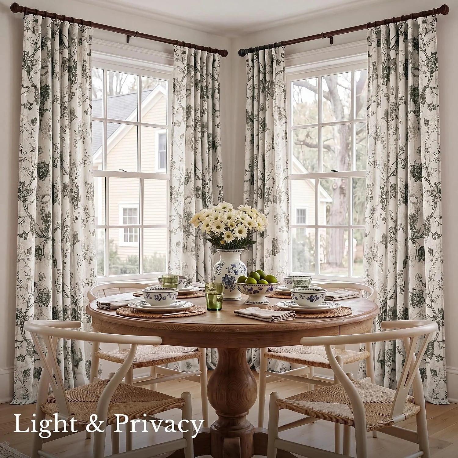 Ivory floral botanical curtains on dark rods in a bright farmhouse dining nook