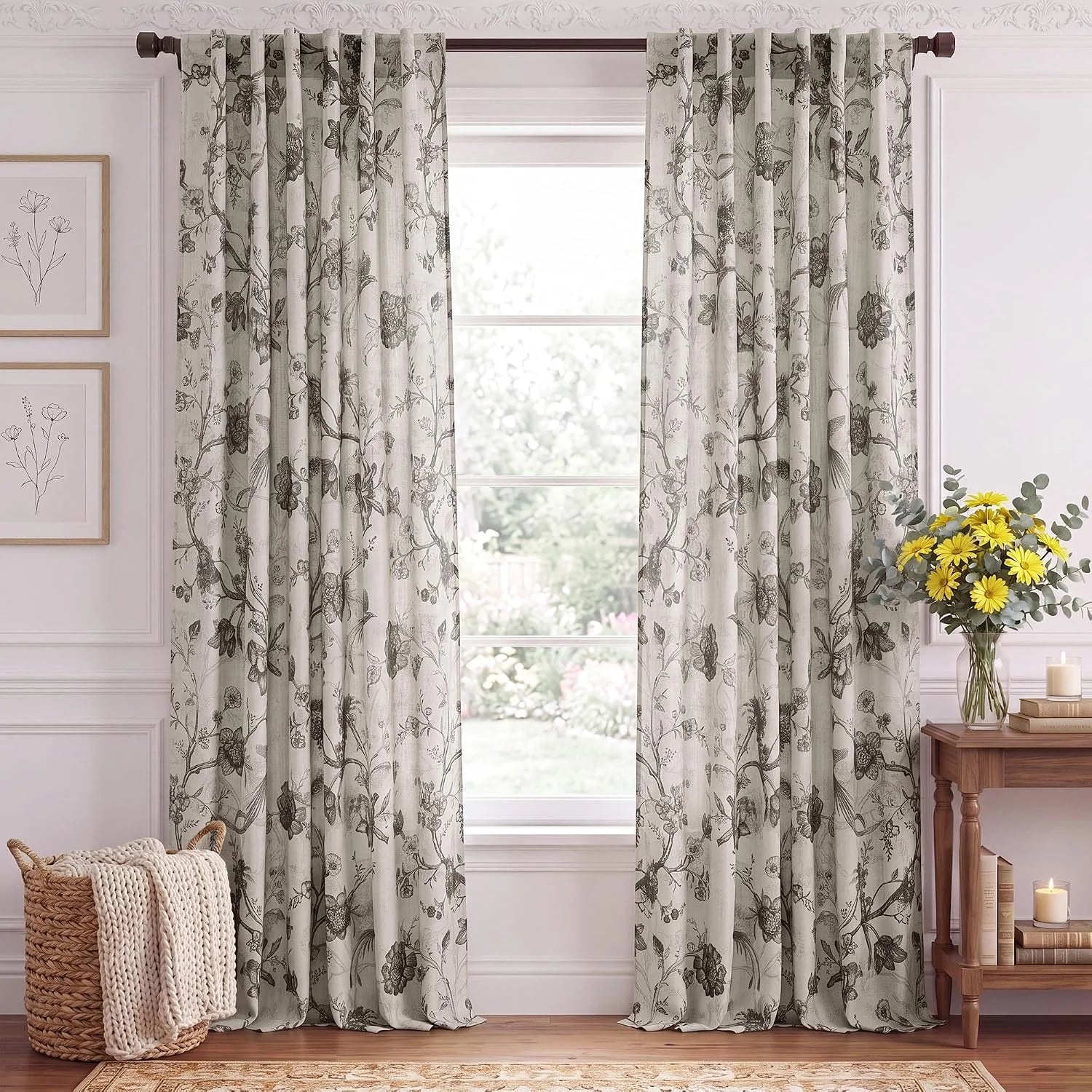 Ivory floral botanical curtains with a linen-look texture in a bright classic room
